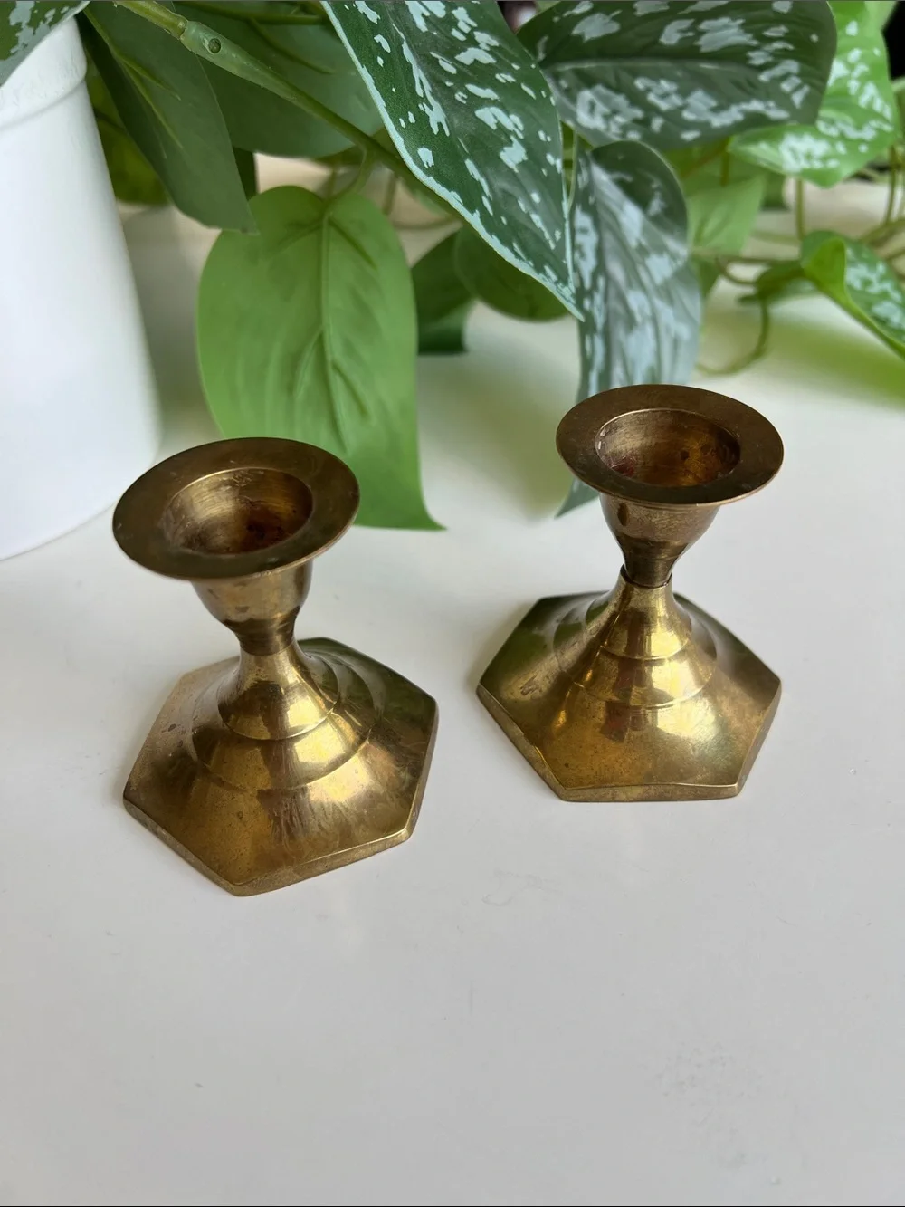 Vintage Brass Candle Holders Short Pair Set of 2